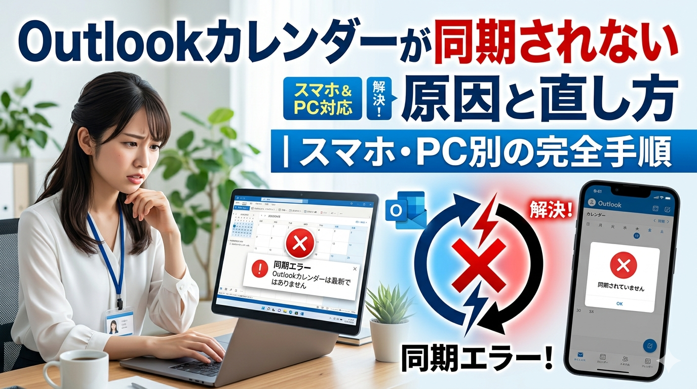 Outlookカレンダーが同期されないエラーに悩む女性と、スマホ・PCの同期不具合を示すイメージ画像