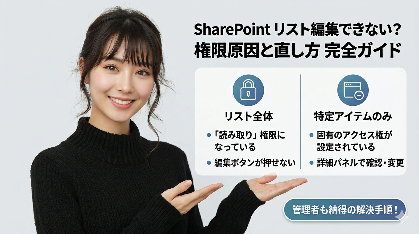 SharePointリストが編集できない原因と直し方を解説する女性のアイキャッチ画像。リスト全体の権限と特定アイテムの固有権限の2層構造について図解しています。