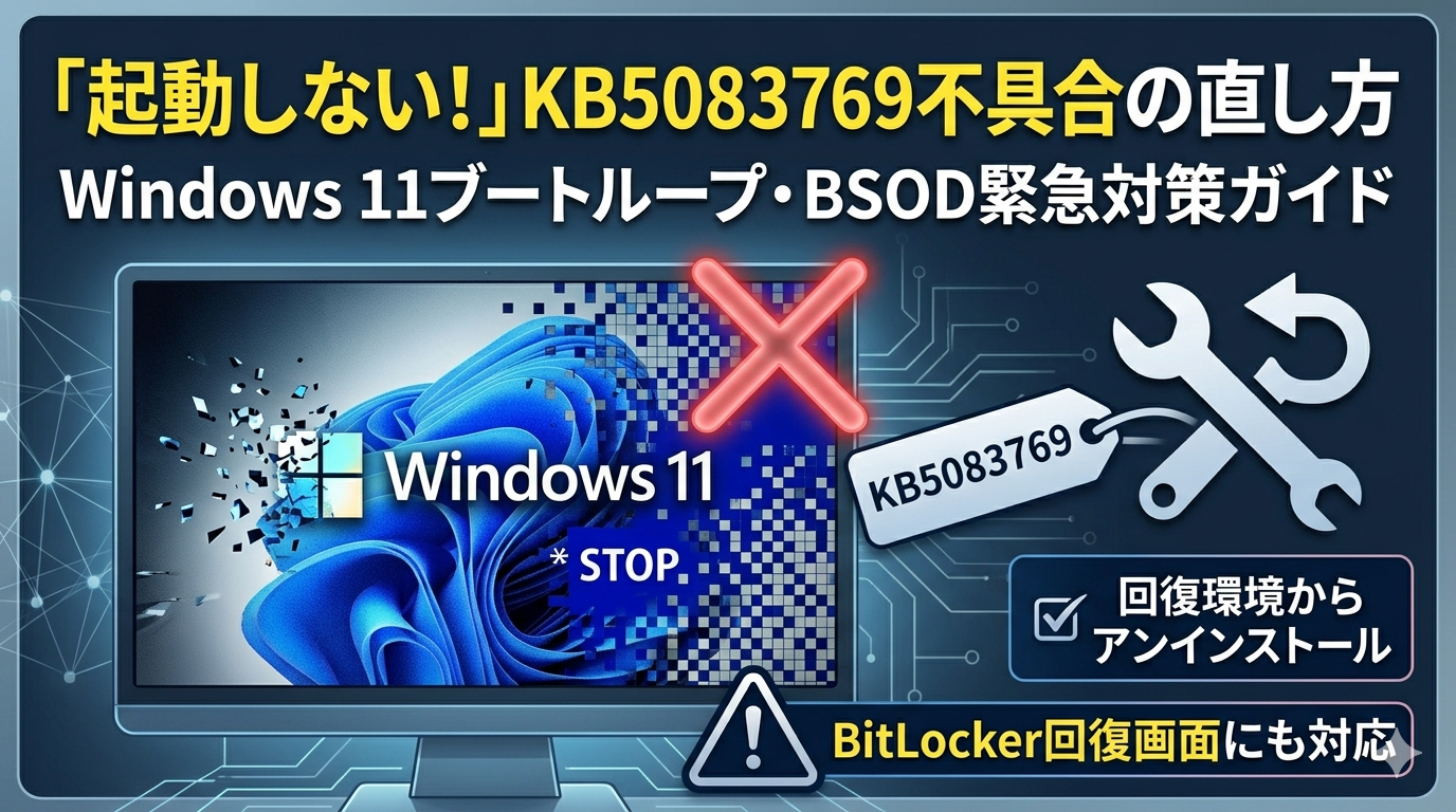 Windows 11のデスクトップ画面がモザイク状に崩れ、中央に赤い大きなX印が表示されているPCモニターのイラスト。上部には『「起動しない！」KB5083769不具合の直し方』『Windows 11ブートループ・BSOD緊急対策ガイド』という日本語テキスト、右側には「KB5083769」と書かれたタグ、スパナとリサイクルのアイコン、さらに「回復環境からアンインストール」「BitLocker回復画面にも対応」というチェックボックス形式の解説が入った、ブログ記事用の緊急対策サムネイル。