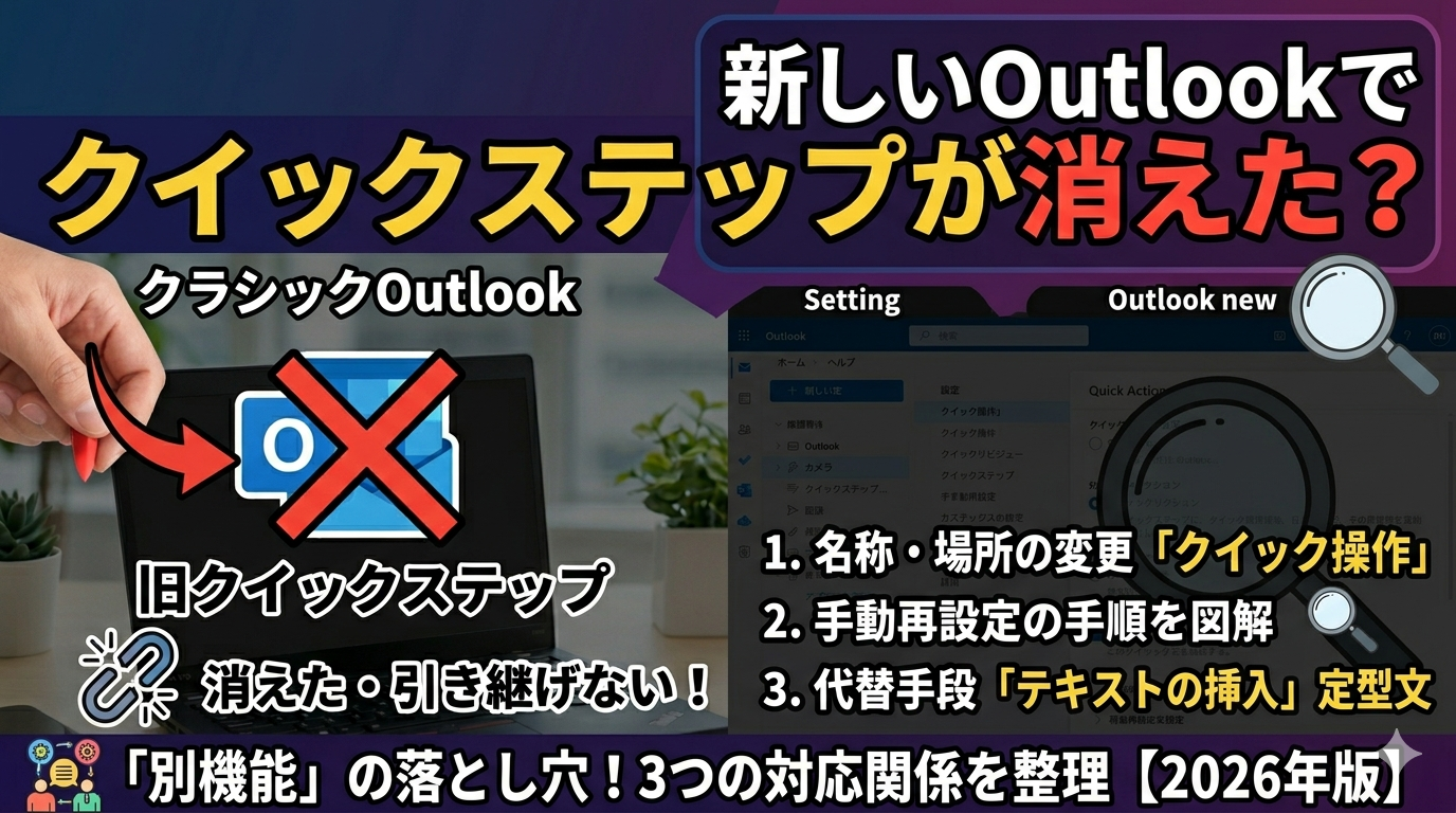 新しいOutlookで消えたクイックステップの解決ガイド。旧版との名称・場所の違い（クイック操作）、手動での再設定手順、定型文の代替手段である「テキストの挿入」など、新旧Outlookの対応関係を図解したサムネイル。