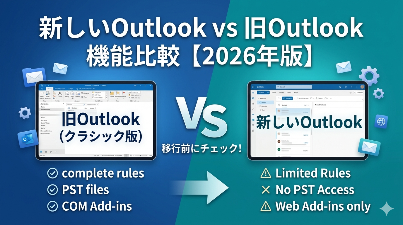 新しいOutlookと旧Outlookの機能比較図。2026年版。左側に旧Outlookのメリット（PSTファイル・COMアドイン対応など）、右側に新しいOutlookの制限事項（PST非対応・Webアドインのみなど）を対比させた比較画像