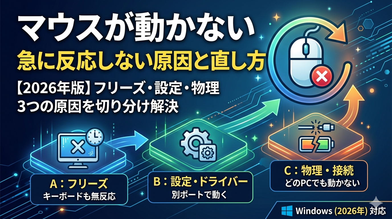 Windowsでマウスが動かない原因を3タイプ（フリーズ、設定・ドライバー、物理・接続）に切り分けて解説したアイキャッチ画像。2026年最新の直し方をまとめた診断図解。