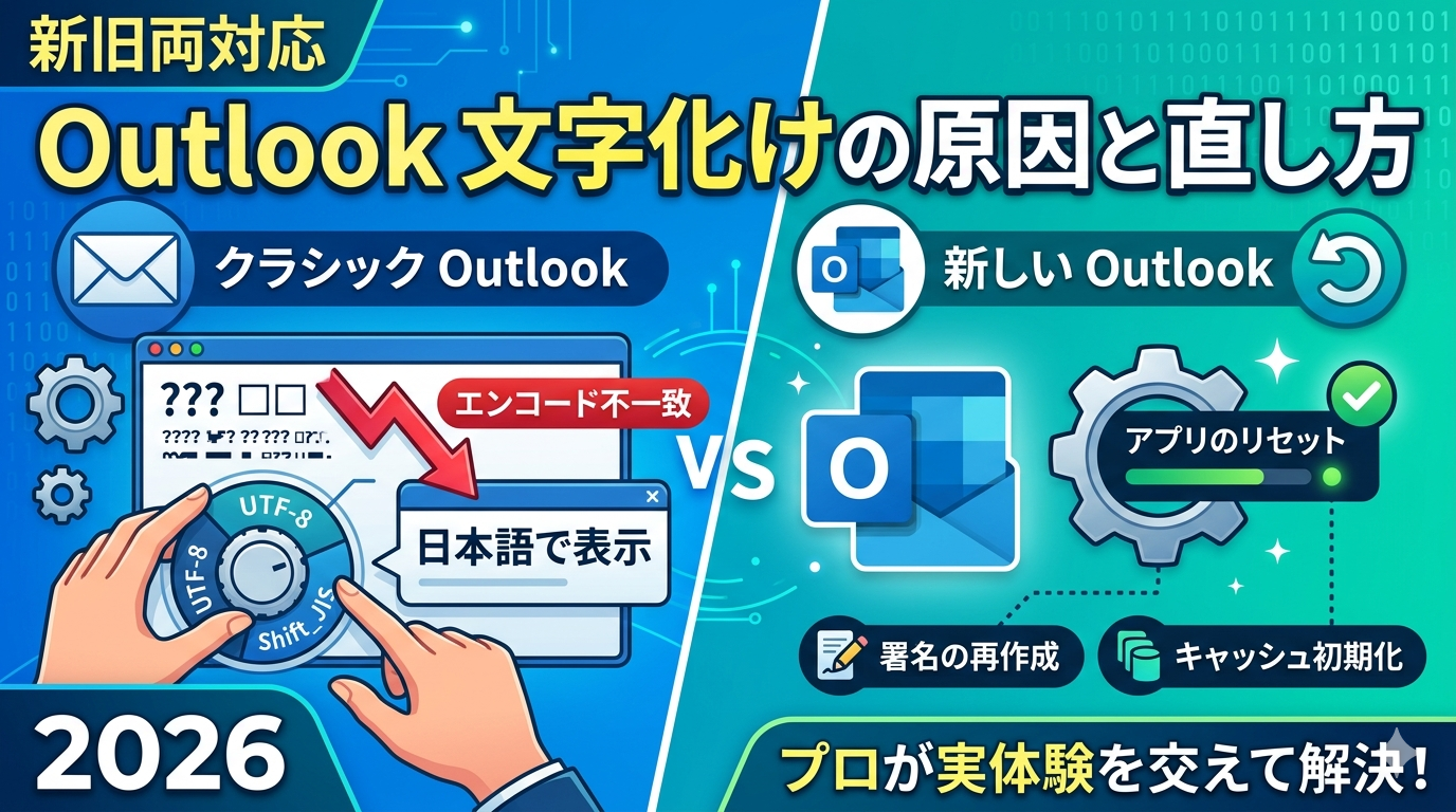 Outlookの文字化け原因と直し方の解説図。左側にクラシック版、右側に新しいOutlookのロゴを配置し、文字化けしたメールが設定変更（UTF-8等）によって正常に表示されるイメージを描いた2026年版のアイキャッチ画像