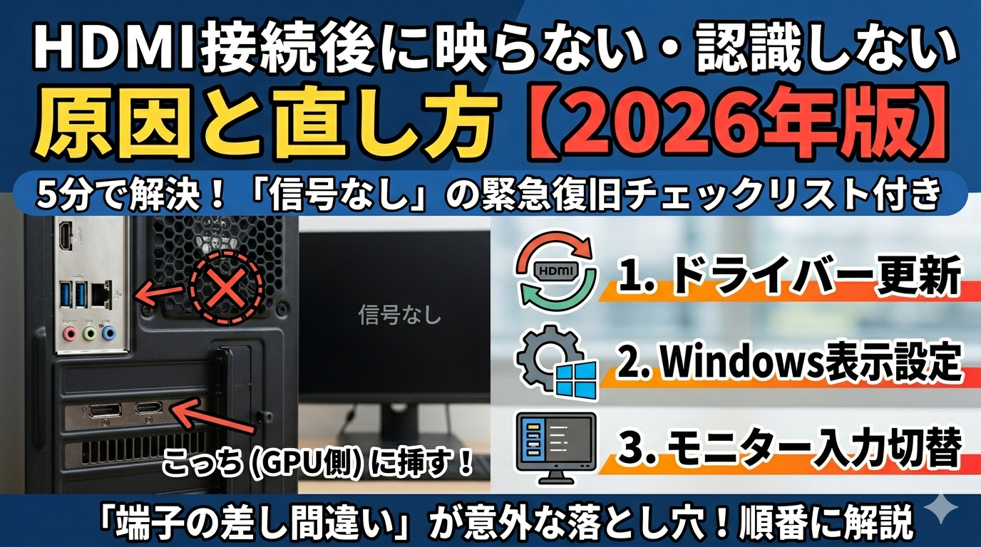 HDMI接続後にモニターが映らない原因と直し方の図解。デスクトップPC背面の「マザーボード側」と「GPU側」の端子の差し間違い、ドライバー更新、表示設定の変更手順を解説。