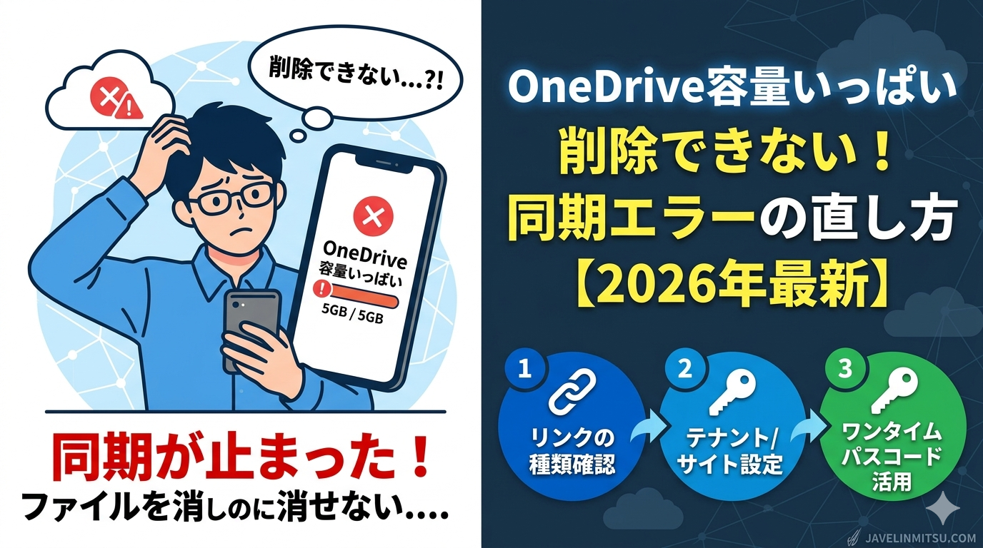 OneDrive 容量いっぱい 削除できない！同期エラーの直し方【2026年最新】。削除できない原因の特定から、ごみ箱の完全消去、大容量ファイルの特定、同期を一時停止してWeb版で削除する裏技まで解説。
