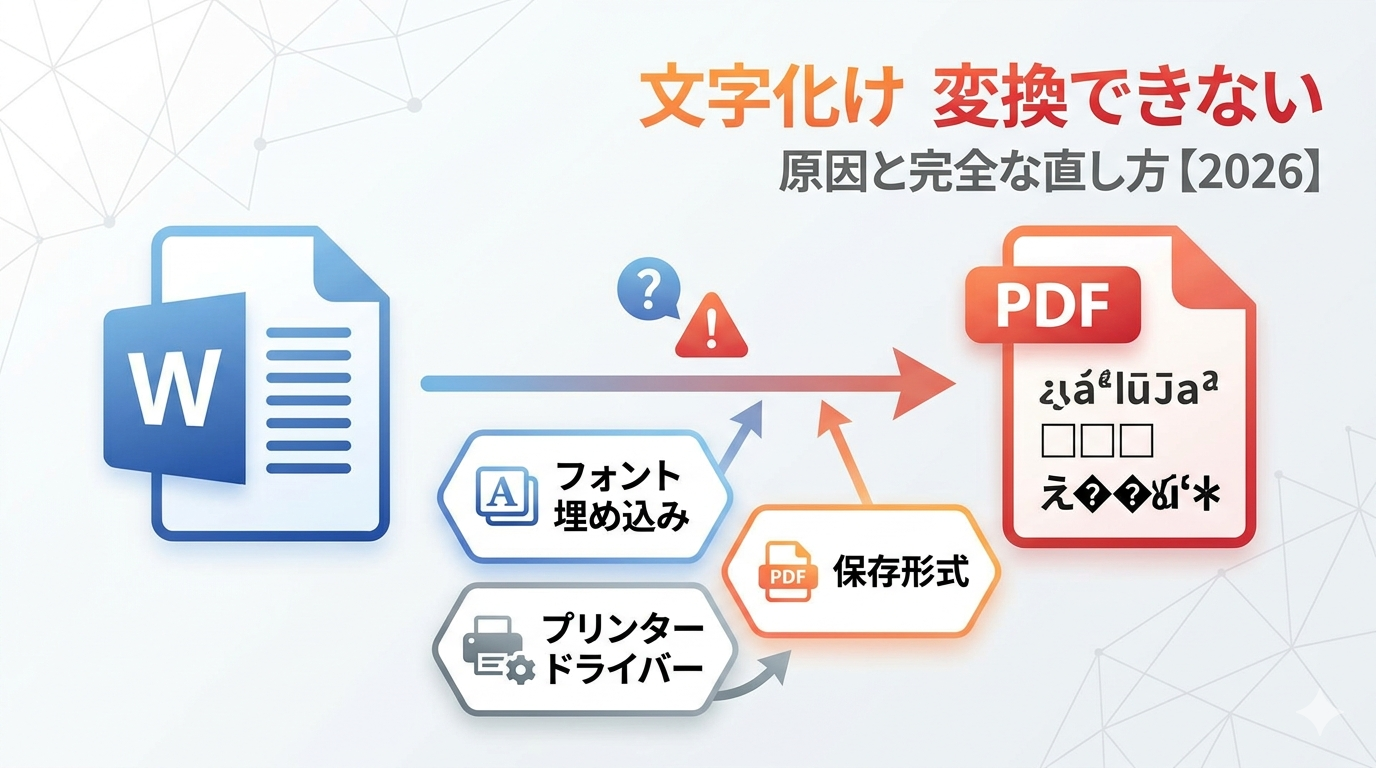 WordからPDFへの変換エラーと文字化けの解決方法を解説したアイキャッチ画像。WordアイコンからPDFアイコンへの矢印の間に、フォント埋め込み、プリンタードライバー、保存形式の3つの原因が図解されており、文字化けしたPDFのイメージと『文字化け 変換できない 原因と完全な直し方【2026】』のタイトルテキストが含まれています。