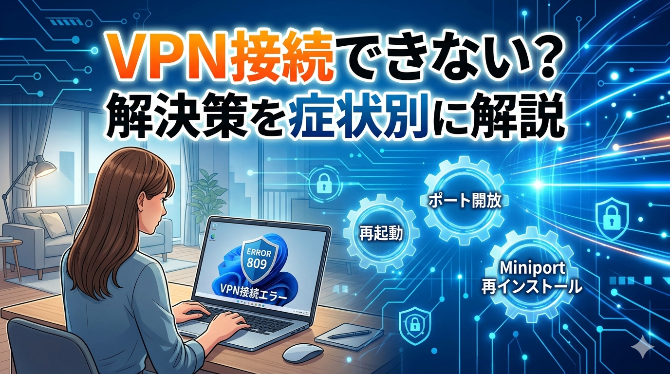 VPN接続できない・繋がらない時の直し方をWindows 11で症状別に図解。エラーコード809/789/691のプロトコル別対処、WAN Miniport再インストール、ポート開放手順を解説するアイキャッチ画像。