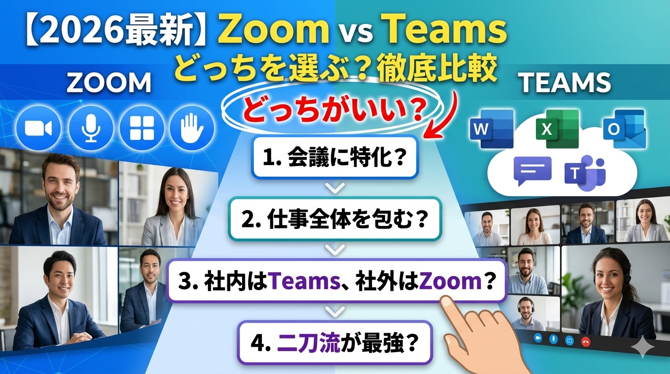ZoomとTeamsを比較する2026年最新版の図解サムネイル。左側にZoom、右側にTeamsのロゴを配置し、中央に『社内はTeams、社外はZoom？二刀流が最強？』という選択フローを提示。オンライン会議ツールの選び方を分かりやすく表現した画像。