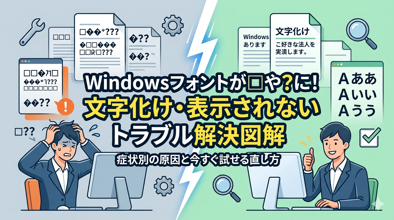 Windowsのフォント文字化けトラブル解決図解。文字化けに悩む人と解決後の笑顔の比較イラスト
