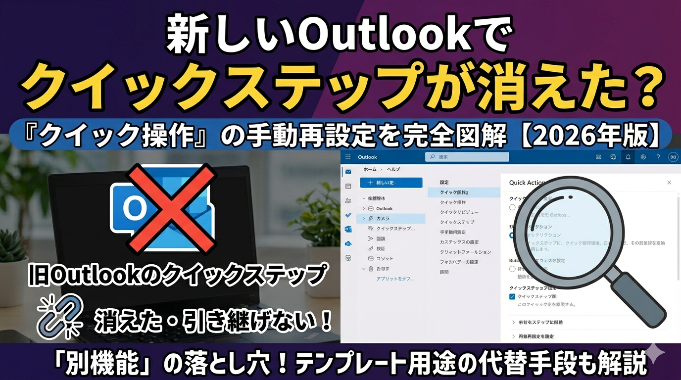 新しいOutlookで消えたクイックステップの再設定ガイド。旧Outlookからの引き継ぎができない理由と、新しい「クイック操作」の設定画面、マイテンプレートなどの代替手段を図解したサムネイル。