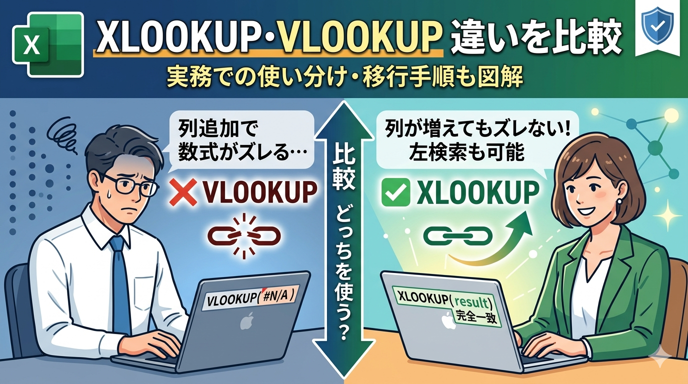 XLOOKUPとVLOOKUPの違いを比較する解説図。左側に frustated な VLOOKUP ユーザー、右側に smiling な XLOOKUP ユーザーを配置し、列ズレや左方向検索といった使い分けのポイントをイメージしたイラスト