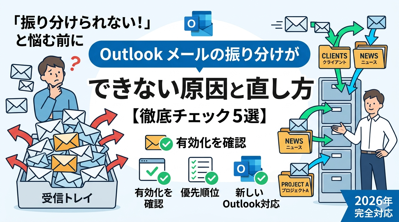 Outlookでメールの振り分けができない原因と直し方を解説する図解。2026年最新のチェックポイント5選を網羅。