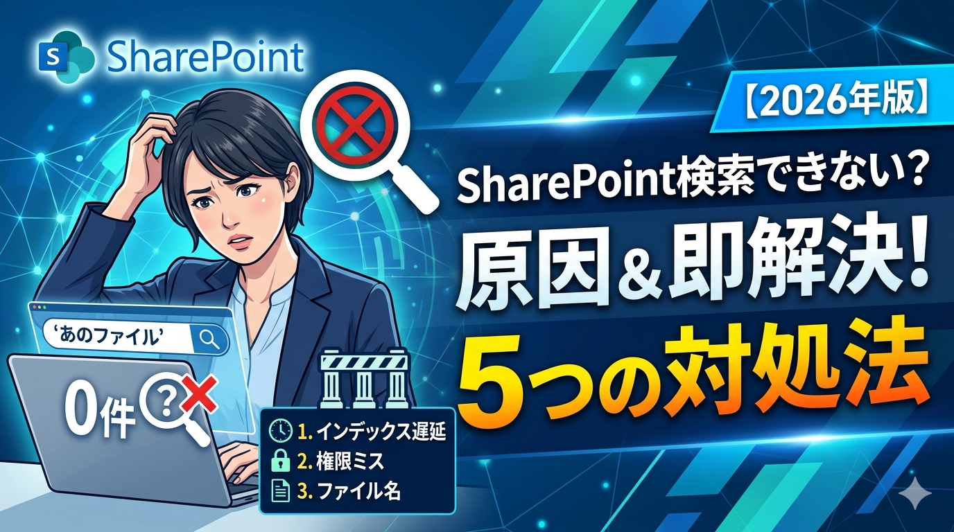SharePoint検索できない？」と困惑する女性社員のイラストと、検索できない原因（インデックス遅延、権限ミス、ファイル名）および「原因＆即解決！5つの対処法【2026年版】」のタイトルテキストが配置されたブログサムネイル画像。Microsoft SharePointのロゴ入り。