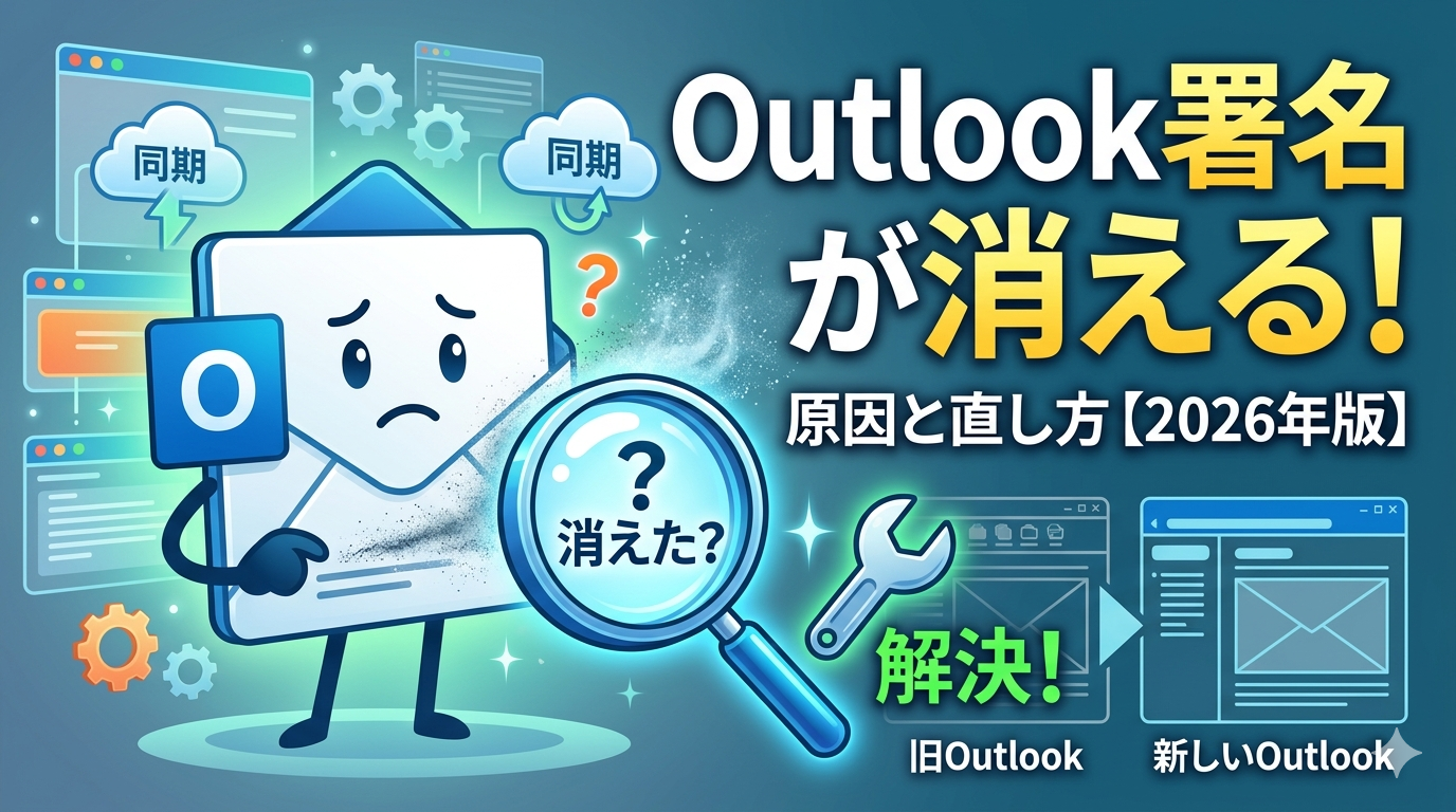 Outlookの署名が消えるトラブルの解決方法を解説するアイキャッチ画像。困り顔のメールキャラクター、虫眼鏡、修理ツールのアイコンと共に「Outlook署名が消える！原因と直し方【2026年版】」の文字、および旧Outlookから新しいOutlookへの移行イメージが描かれています。