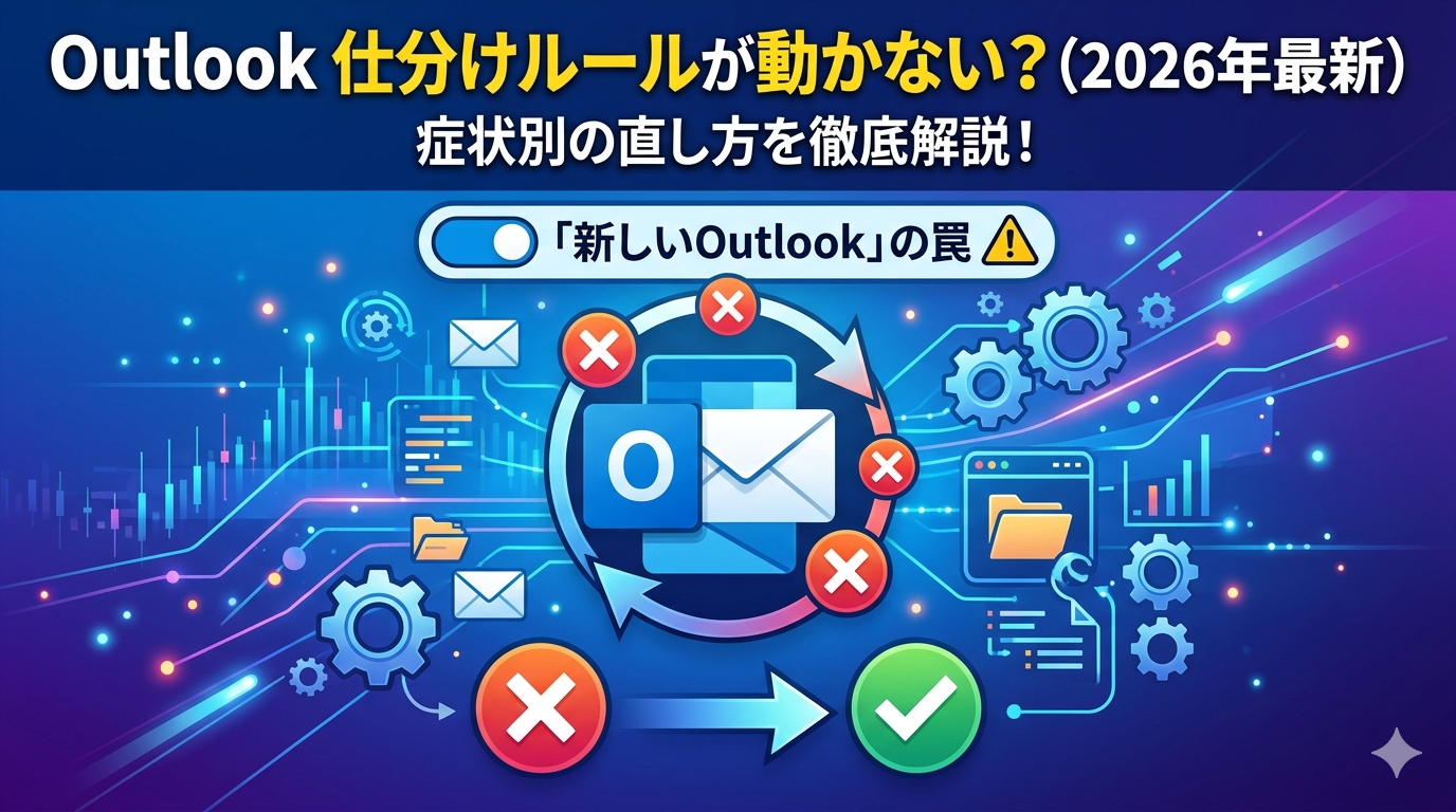 Outlookの仕分けルールが動かない原因と直し方の解説画像。2026年最新の「新しいOutlook」仕様への対応とトラブル解決をイメージしたデザイン。