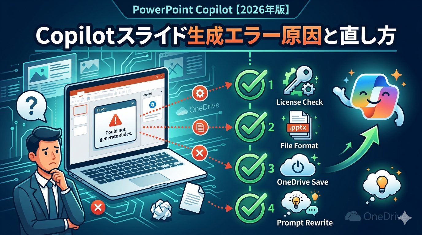 PowerPoint Copilotでスライド生成エラーが発生した際の原因と解決策（ライセンス、ファイル形式、OneDrive保存、プロンプトの書き直し）を解説する、2026年版のブログ用アイキャッチ画像。困っているビジネスパーソンと、解決手順を示すアイコンが描かれています。