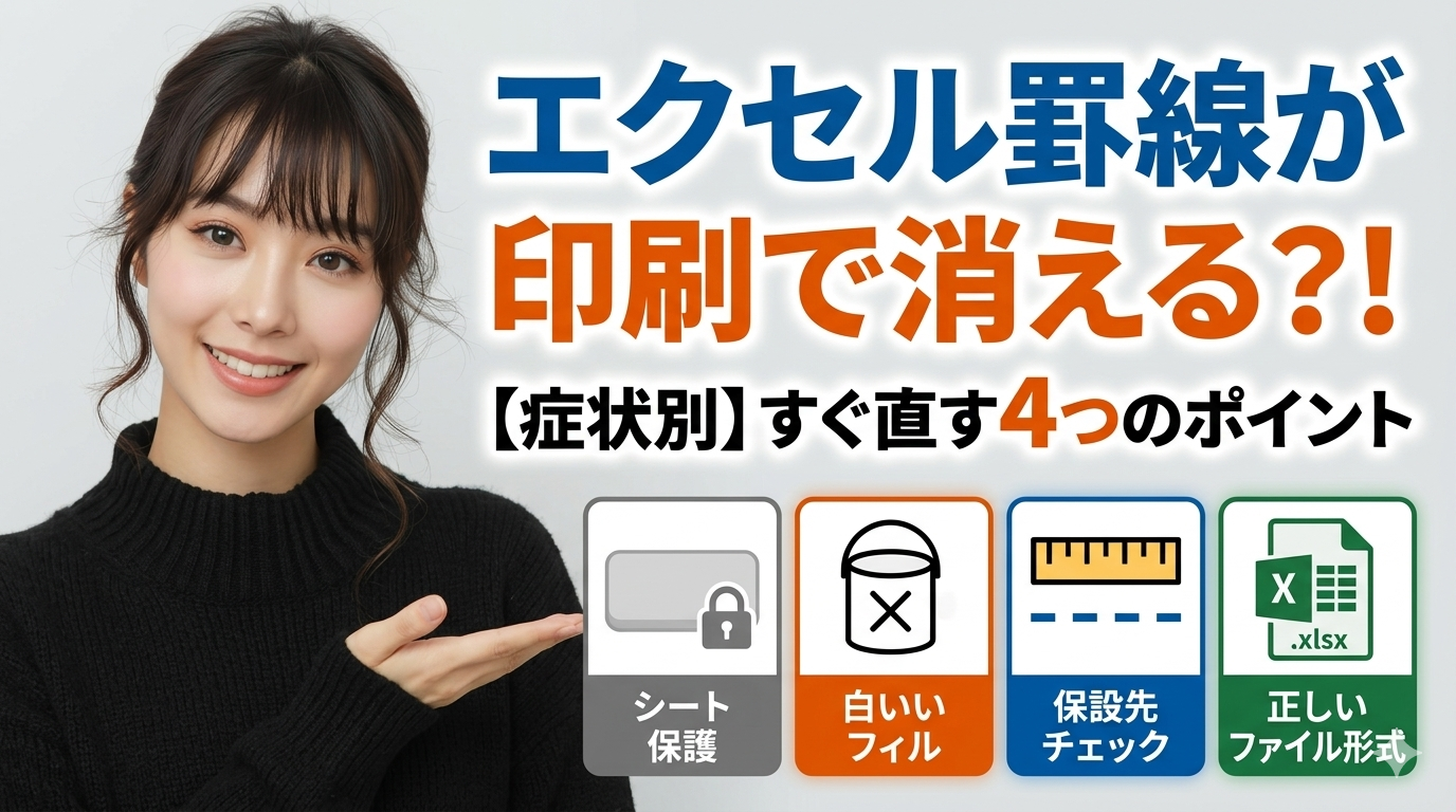 alt="エクセルで罫線が印刷されないトラブルの解決法を解説する女性のサムネイル。シート保護、白い塗りつぶし、印刷設定、ファイル形式の4つのポイントをアイコンで表示。"