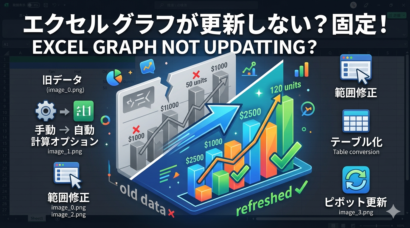 Excelグラフが更新されない原因と解決策のイメージ図（手動計算から自動への切り替え、データ範囲の修正、ピボットテーブルの更新）