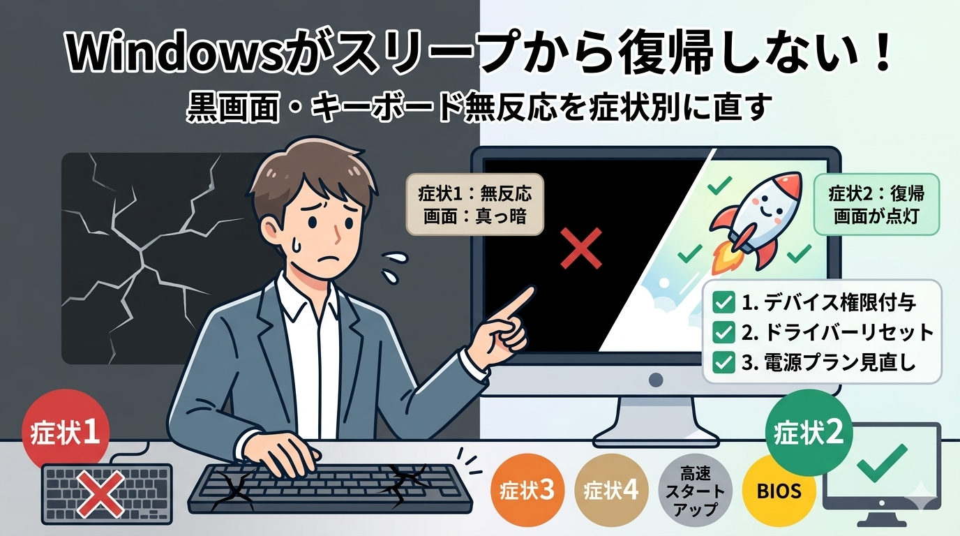 Windowsのスリープ復帰トラブルを解決するアイキャッチ画像。困った表情の男性が真っ暗な画面のPCを操作している様子と、対照的に明るく復帰した画面、ロケットのアイコンを左右に配置。タイトル「Windowsがスリープから復帰しない！黒画面・キーボード無反応を症状別に直す」と、解決策（デバイス権限付与、ドライバーリセット、電源プラン見直し）のチェックリストが描かれたインフォグラフィック風のデザイン。