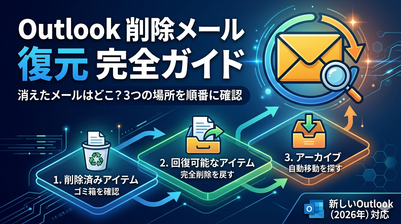 Outlookの削除メールを復元する3つの階層（削除済みアイテム、回復可能なアイテム、アーカイブ）を解説したアイキャッチ画像。2026年最新の新しいOutlook対応。