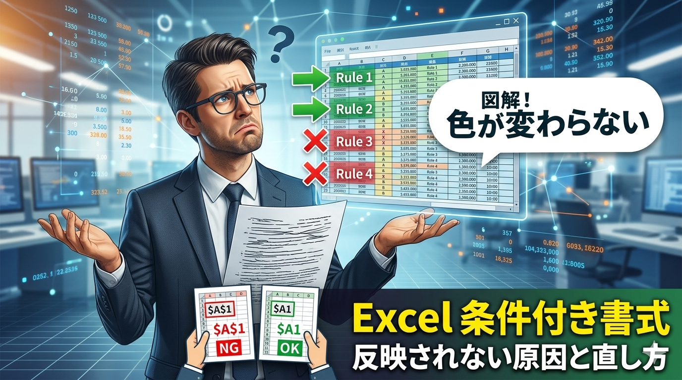 Excelの条件付き書式が反映されない原因を解説するサムネイル画像。困惑するビジネスパーソンのイラストと共に「図解！色が変わらない」「反映されない原因と直し方」という文字、絶対参照の正誤例（$A$1と$A1）が描かれている。