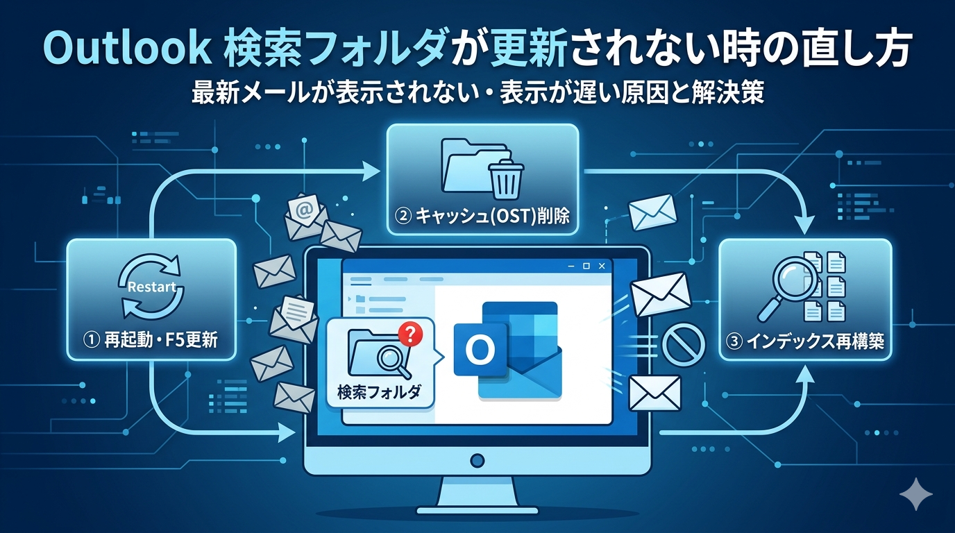 Outlookの画面と3つの主要な解決手順（①再起動・F5更新、②キャッシュ削除、③インデックス再構築）をフローチャートで示した、検索フォルダが更新されないトラブルの記事用サムネイル画像
