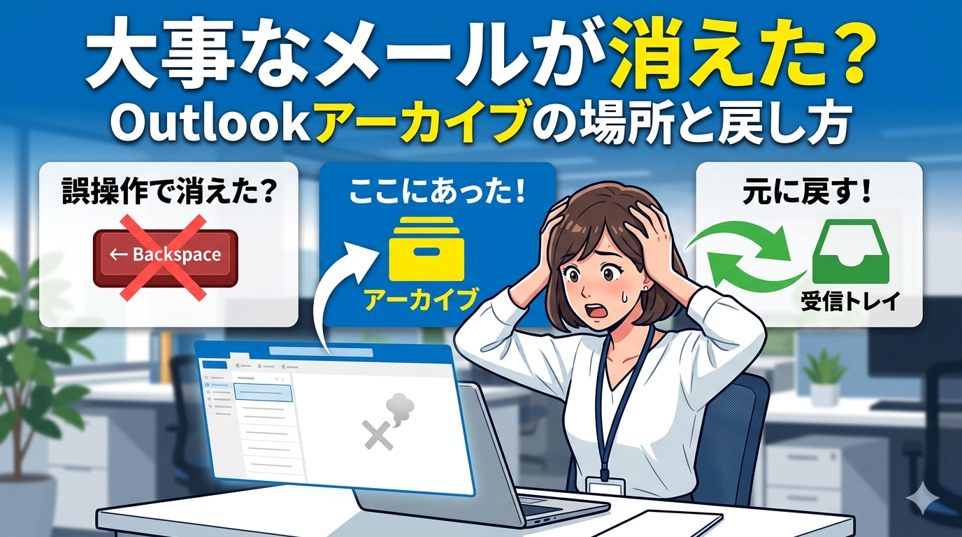 Outlookでメールが消えた際の解決策を図解したアイキャッチ画像。困惑する女性社員のイラストと共に、バックスペースキーでの誤操作からアーカイブフォルダへ移動したメールを受信トレイに戻す流れを説明しています。