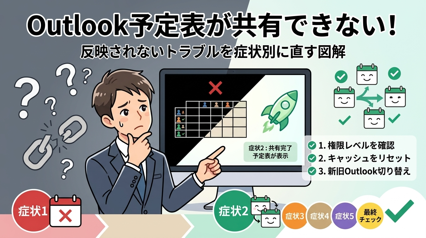 Outlook予定表が共有できない・反映されないトラブルを解決するためのアイキャッチ画像。困った表情のビジネスマンがPCモニターを指差しており、モニターには「共有エラー」を示す表と、解決を象徴するロケットのアイコンが表示されている。右側には「1. 権限レベルを確認」「2. キャッシュをリセット」「3. 新旧Outlook切り替え」という解決策のチェックリストと、症状別の解決ステップを示すインフォグラフィックが配置されている。