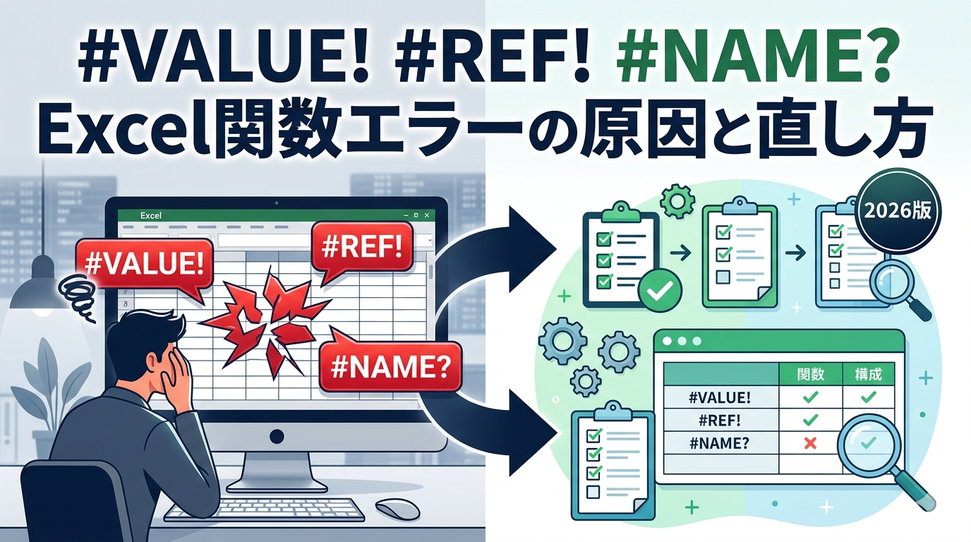 Excel関数エラー（#VALUE!, #REF!, #NAME?）の原因と直し方を、焦るユーザーと解決へのステップで解説するアイキャッチ画像