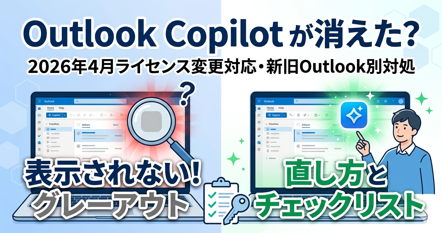 Outlook Copilotが表示されない・消えた原因と直し方を解説するブログ用サムネイル。左側にCopilotボタンが消えて困っているノートPC、右側に解決して喜んでいる男性とチェックリストのイラスト。2026年4月ライセンス変更対応の文字入り。