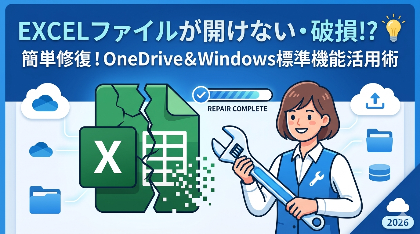 破損して開けなくなったExcelファイルを、IT専門のキャラクターがレンチツールと修復プログレスバーを使ってクラウド（OneDrive）と連携しながら見事に修復し、完了した様子を描いたイラスト。