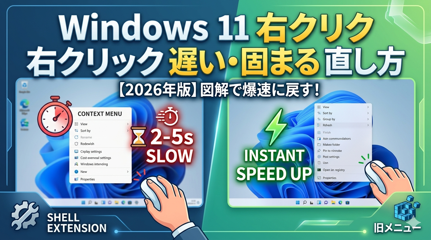 Windows11で右クリックが遅い・固まる問題を解決する2026年版図解。左側の遅いコンテキストメニュー（2-5秒）と、右側の爆速（INSTANT）なメニューの対比。シェル拡張と旧メニューへの対応アイコン付き。