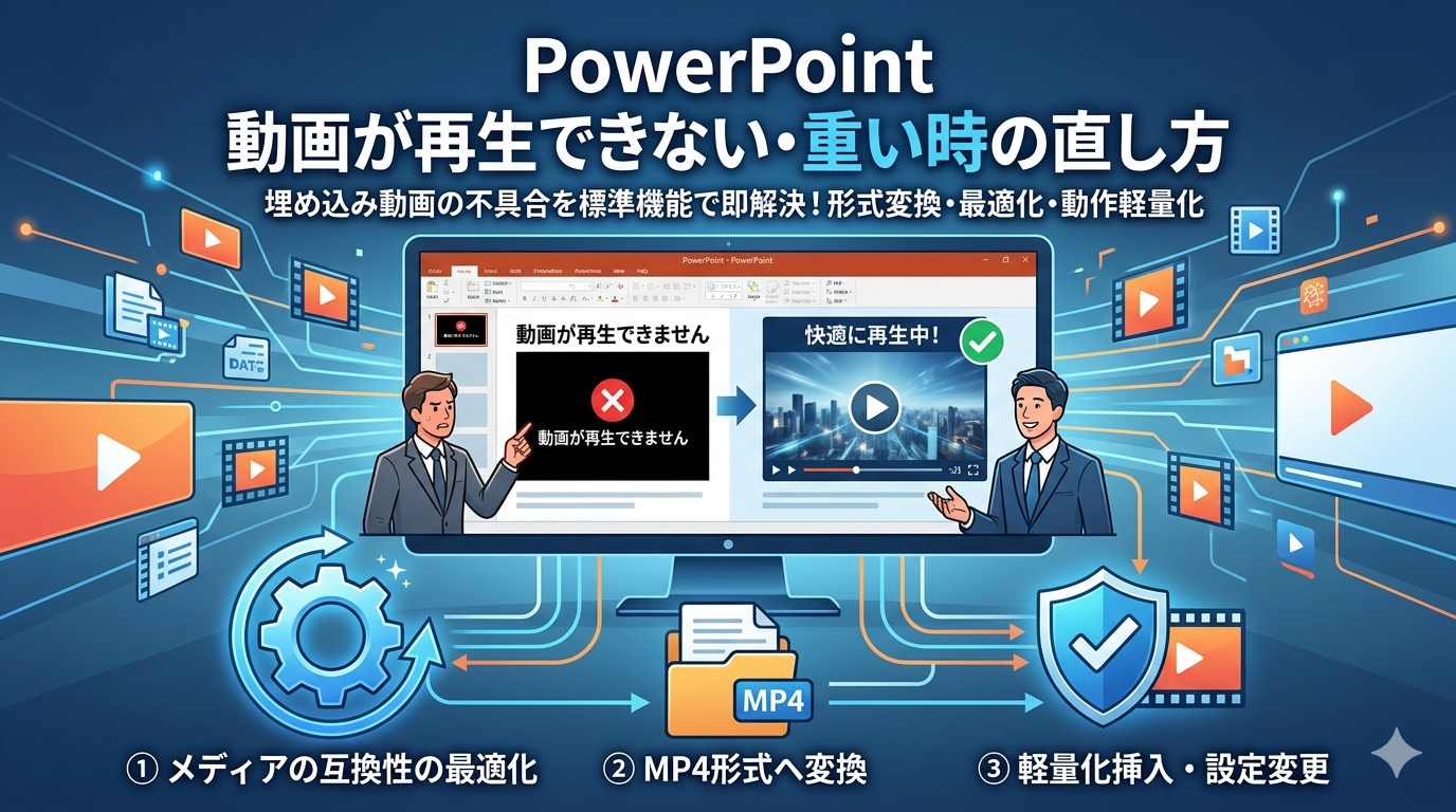 「PowerPoint 動画が再生できない・重い時の直し方」というタイトルと、左側（再生できない動画、挫折するユーザー、エラーメッセージ）と右側（快適に再生される動画、成功するユーザー、チェックマーク）の比較、さらに解決のための3つのステップ（メディアの互換性の最適化、MP4形式へ変換、軽量化挿入・設定変更）がアイコンで描かれたトラブル解決の記事用サムネイル画像