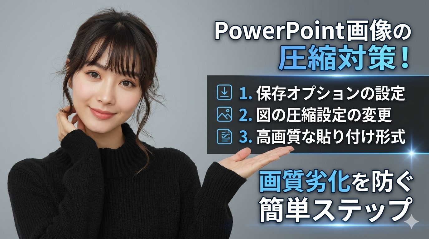 黒いハイネックのセーターを着て微笑む女性が、PowerPoint画像の圧縮対策について解説するブログ風サムネイル。右側には「1. 保存オプションの設定」「2. 図の圧縮設定の変更」「3. 高画質な貼り付け形式」という3つのポイントと、その下に「画質劣化を防ぐ簡単ステップ」という文字が並んでいる。