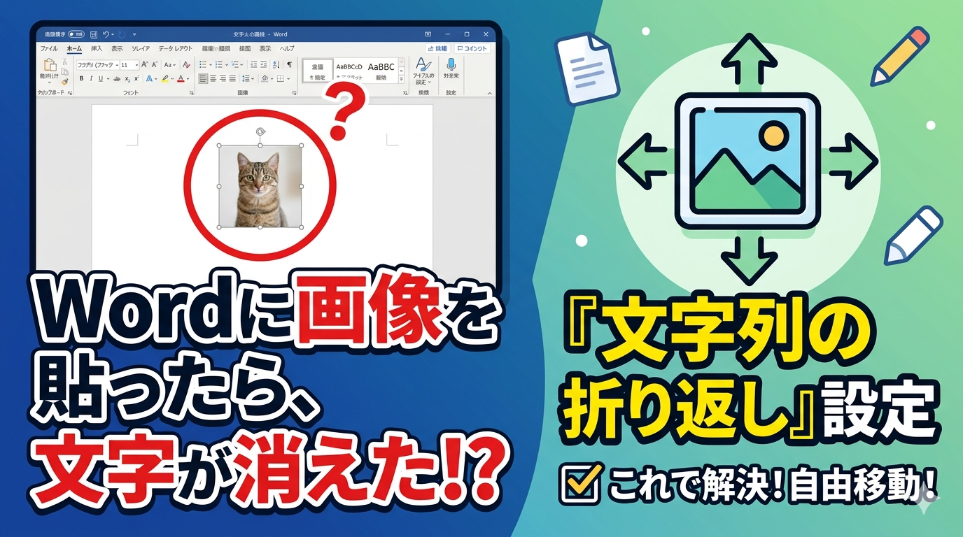 Wordで画像が動かない・文字が消えるトラブルの解決方法を解説したアイキャッチ画像。左側にWord操作画面と「文字が消えた!?」のテキスト、右側に「文字列の折り返し」設定で解決することをイメージしたアイコンと説明。