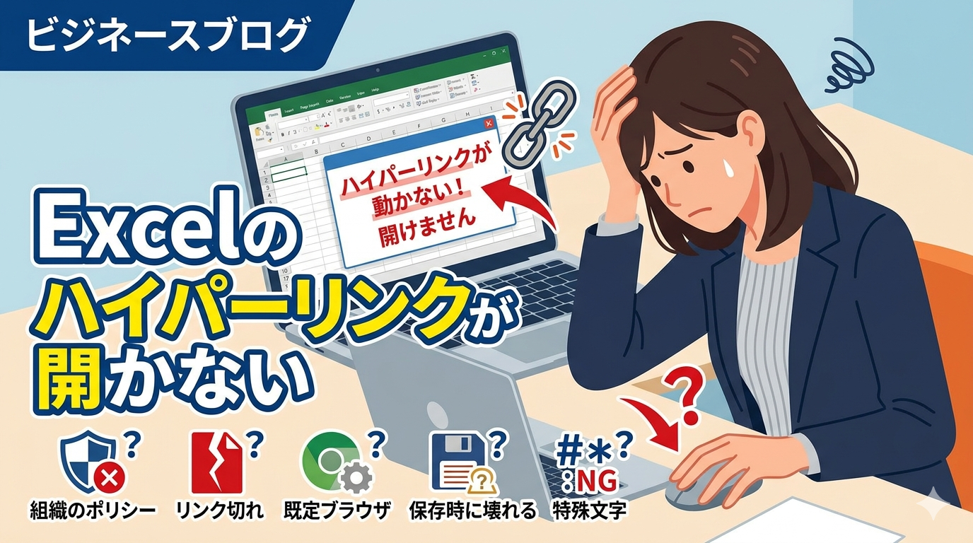 パソコンの前で頭を抱えて悩むビジネスパーソンのイラスト。背景のPC画面にはExcelの「ハイパーリンクが動かない！開けません」というエラーメッセージが表示されている。画像下部には「組織のポリシー」「リンク切れ」「既定ブラウザ」「保存時に壊れる」「特殊文字」という5つの原因を示すアイコンが並び、メインタイトルに「Excelのハイパーリンクが開かない」と大きく記載されている。
