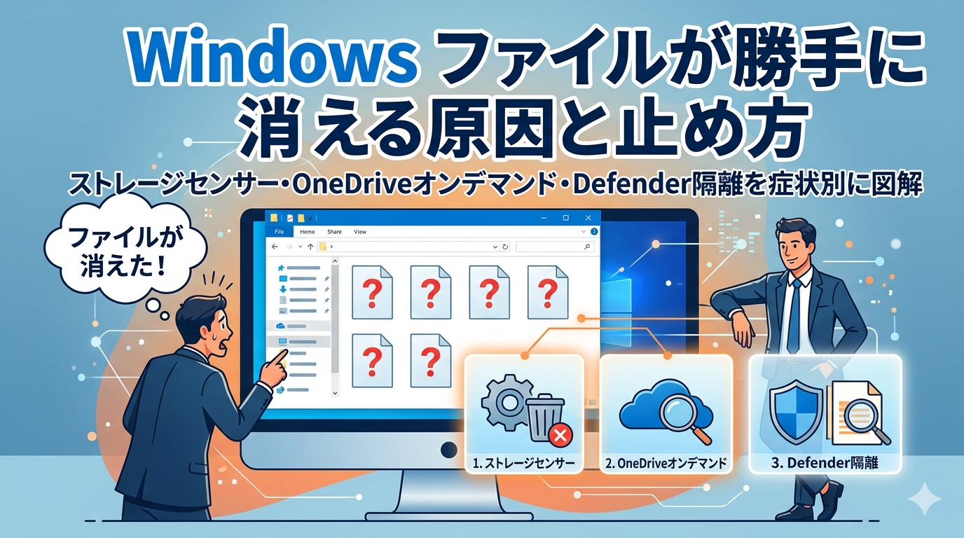 「Windows ファイルが勝手に消える原因と止め方」というタイトルと、左側（焦るユーザー、吹き出し『ファイルが消えた！』、消えたファイルを象徴するクエスチョンマーク）と右側（自信を持つユーザー、3つの主要な解決手順：ストレージセンサー、OneDriveオンデマンド、Defender隔離）の比較、さらに3つの解決手順がアイコンで描かれたトラブル解決の記事用サムネイル画像