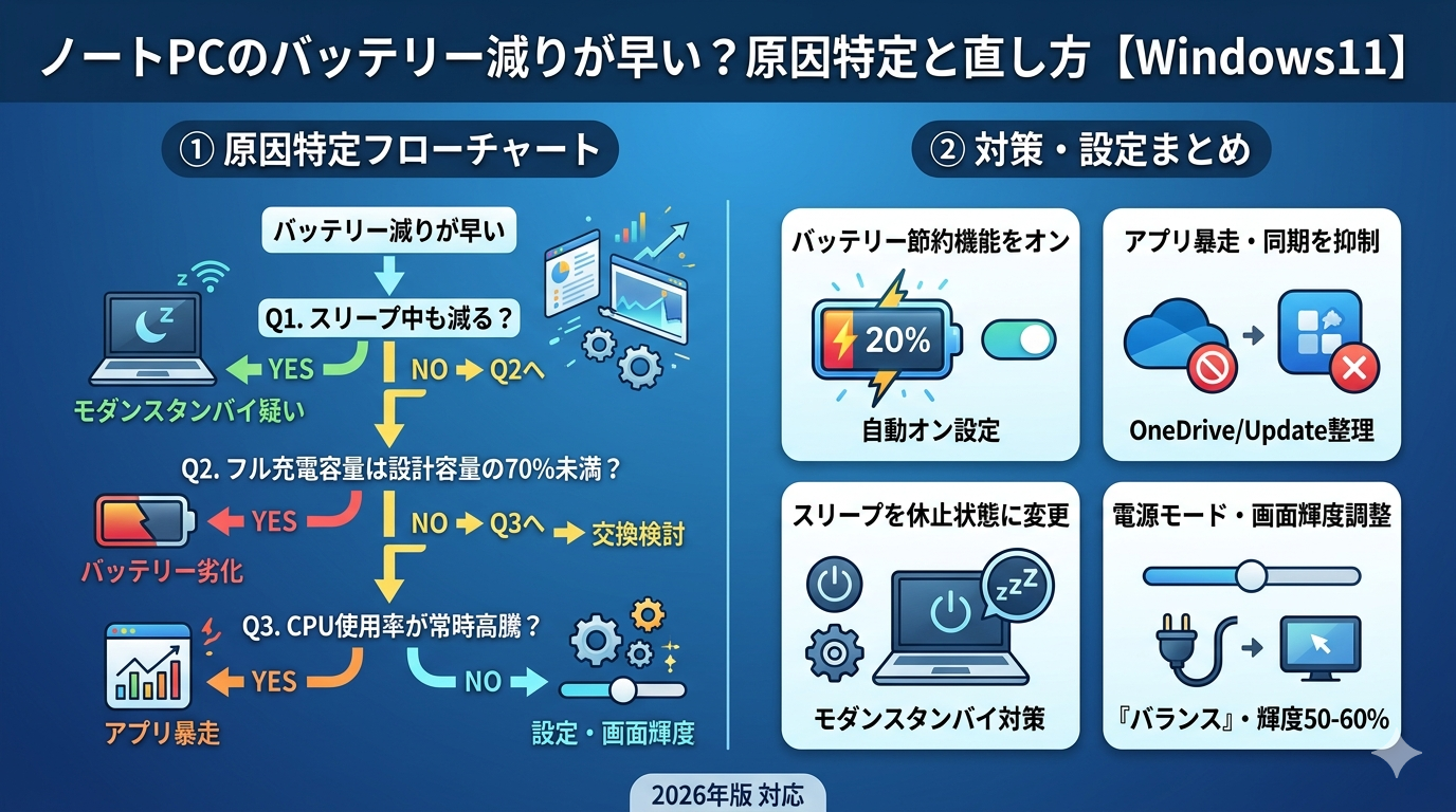 Windows11ノートPCのバッテリー減りが早い原因を特定するフローチャートと設定手順のまとめ図解