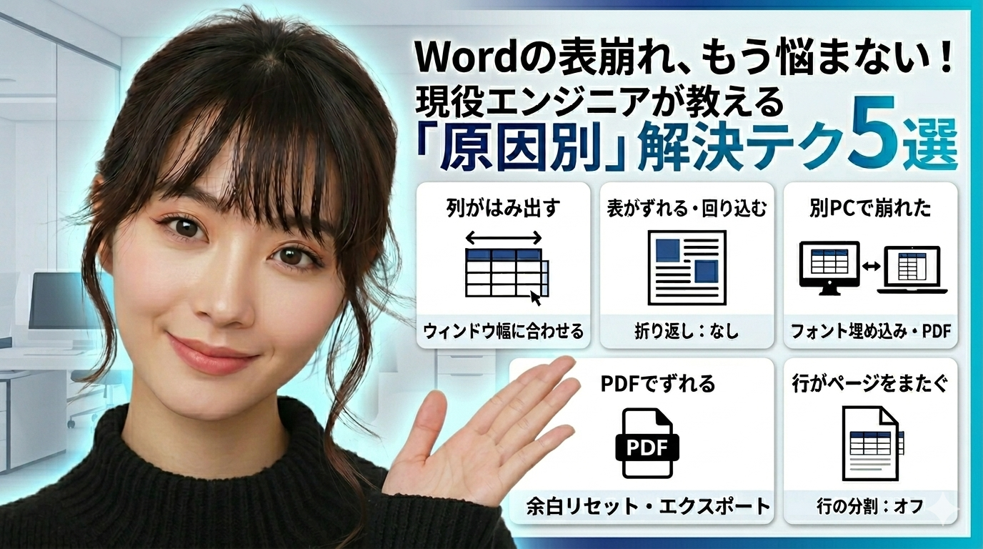 alt="Wordの表崩れ解決ガイド：現役エンジニアの女性が5つの原因別対処法（ウィンドウ幅に合わせる、文字列の折り返しなし、フォント埋め込み、余白リセット、行の分割設定）を解説するアイキャッチ画像"