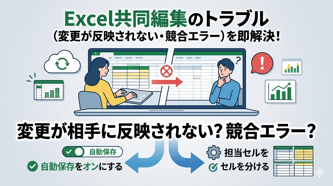 Excel共同編集で変更が反映されないトラブルの図解。自動保存のオン・オフ確認や、競合エラーを防ぐために担当セルを分ける手順、同期が止まる原因を解説するサムネイル画像。