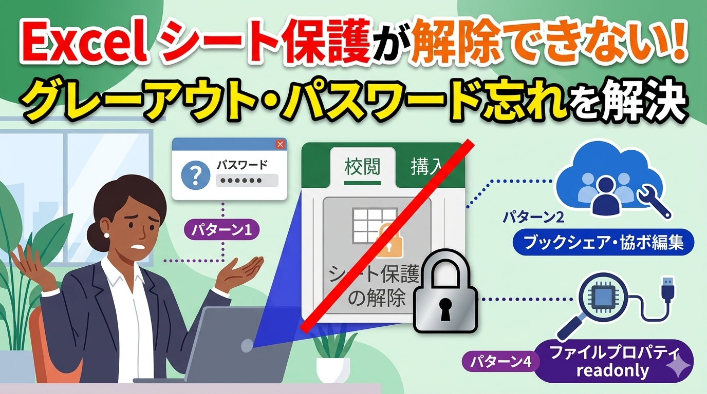 Excelのシート保護が解除できず困っているビジネスパーソンのイラスト。PC画面にはグレーアウトして押せない「シート保護の解除」ボタンとエラーアイコンが表示され、右側にはブック共有設定・ファイル属性・特定セルなど複数のチェックルートが図解されている。