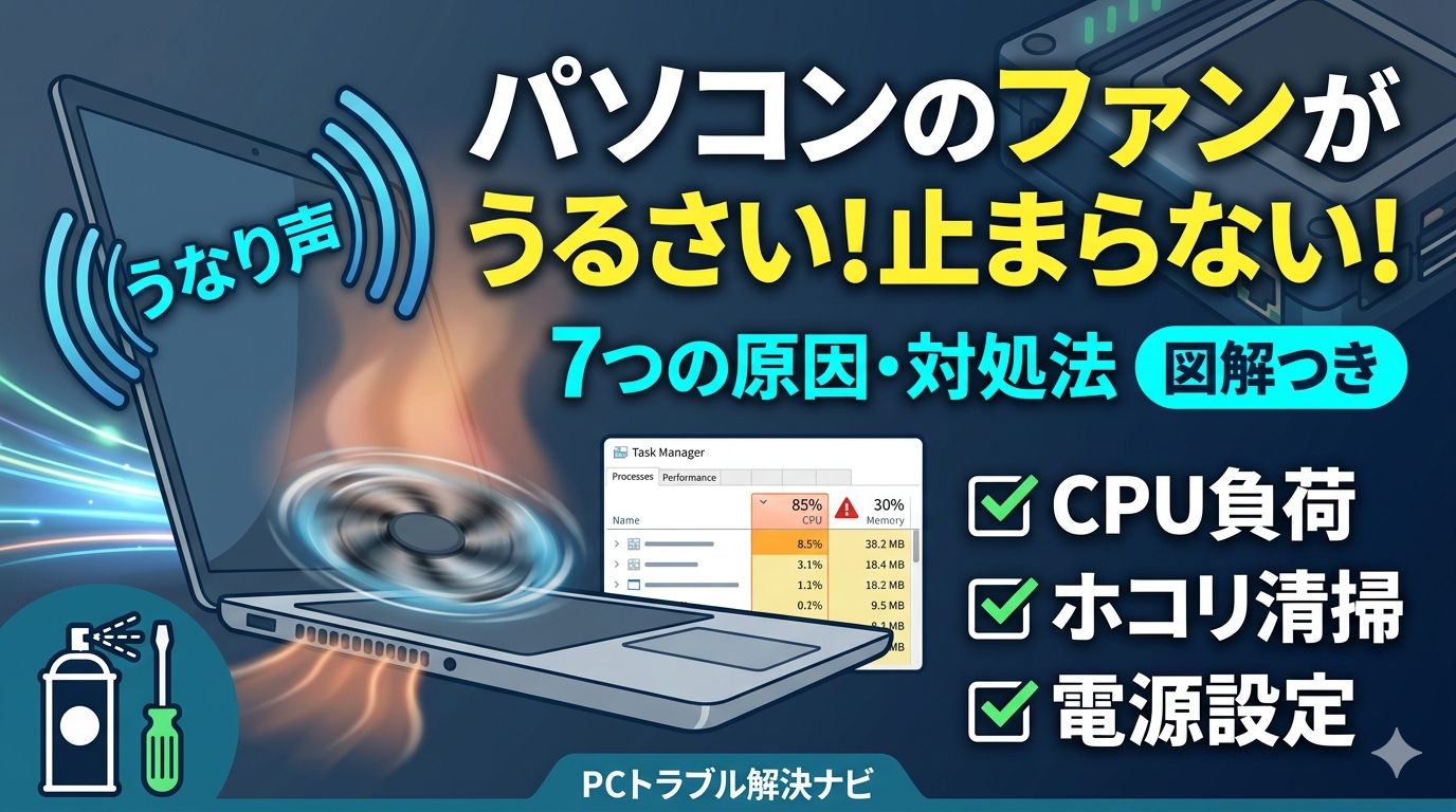 パソコンのファンがうるさい・止まらない原因と7つの対処法を解説したサムネイル画像