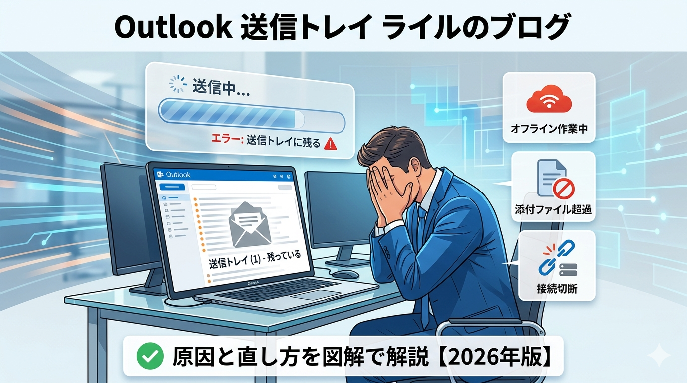 Outlookのメールが送信トレイに残る原因と対処法を図解したサムネ画像。困っている男性と、オフライン設定・サイズ超過・接続切断のアイコンが描かれた2026年最新版のガイド。
