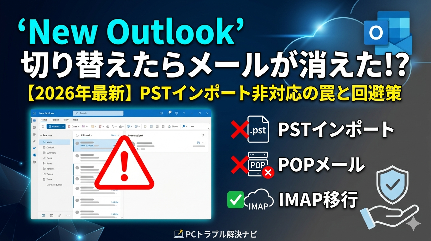 新しいOutlookへの切り替えでメールが消えた原因と、PSTインポート非対応への回避策を解説したサムネイル画像