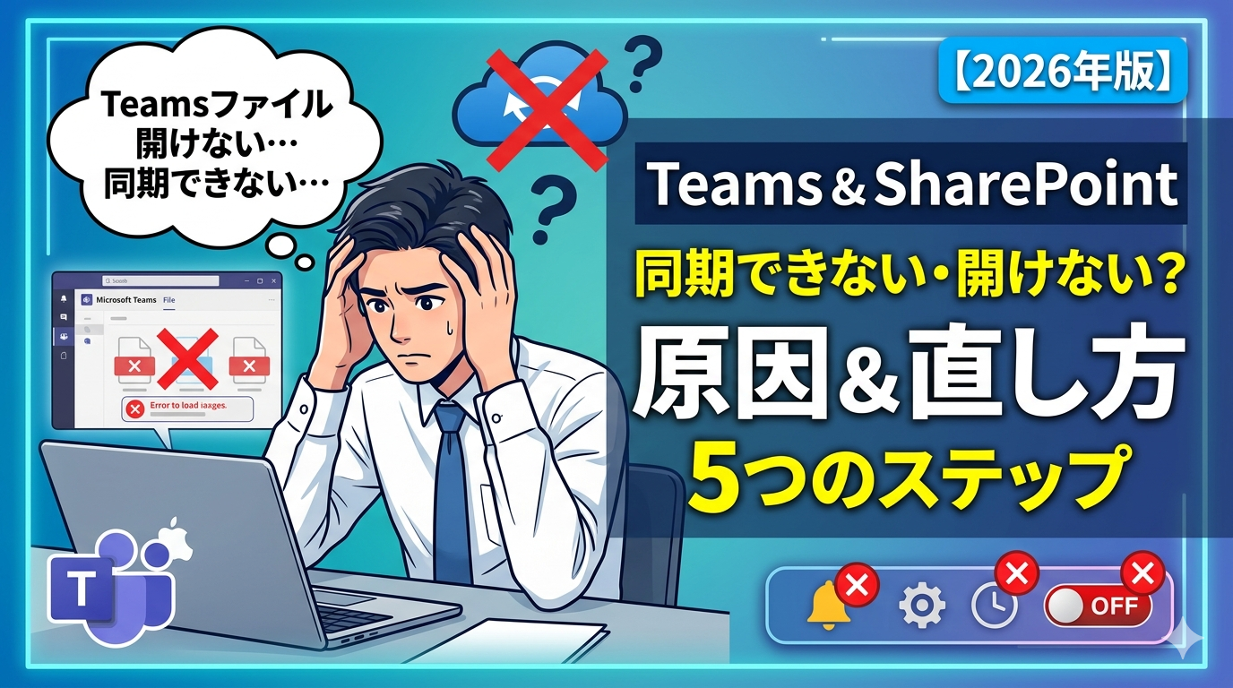 「Teams & SharePoint 同期できない・開けない？」と困惑する男性社員のイラストと、通知が止まる原因（マスタースイッチ、個別設定、ファイル競合、システム修復）および「原因＆即解決！5つのステップ【2026年版】」のタイトルテキストが配置されたブログサムネイル画像。Microsoft Teamsのロゴ入り。