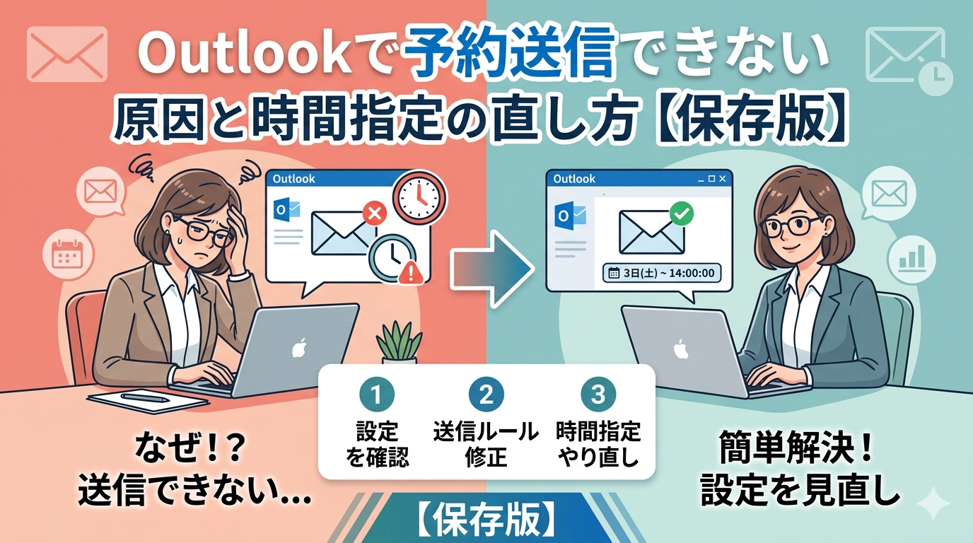 Outlookで予約送信できない原因と解決策を解説する比較イラスト。