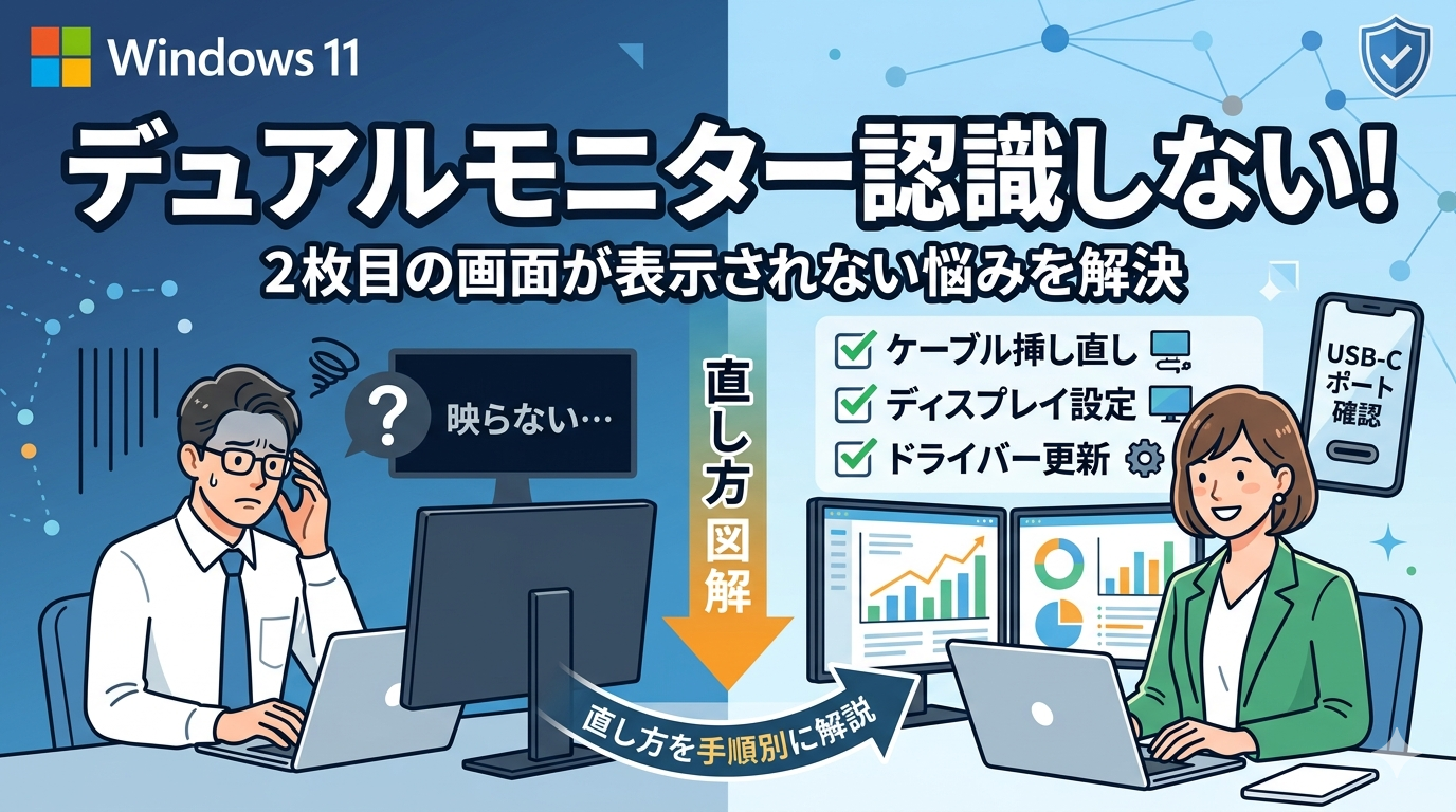 Windows 11でデュアルモニターが認識しない・映らない悩みを解決する解説図。左側に焦る男性、右側にベルのアイコンと『ケーブル挿し直し』『ディスプレイ設定』『ドライバー更新』のチェックリストを配置し、直し方を症状別に解説したイラスト