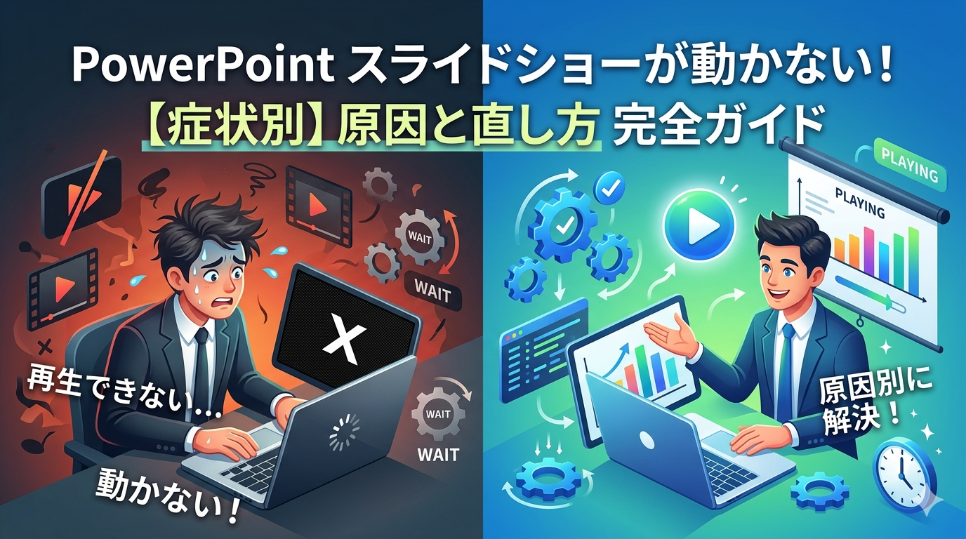 PowerPointのスライドショーが動かず焦る男性（左・赤背景）と、原因別に解決してスムーズにプレゼンする男性（右・青背景）を対比したイラスト。上部には『PowerPoint スライドショーが動かない！【症状別】原因と直し方 完全ガイド』の文字。