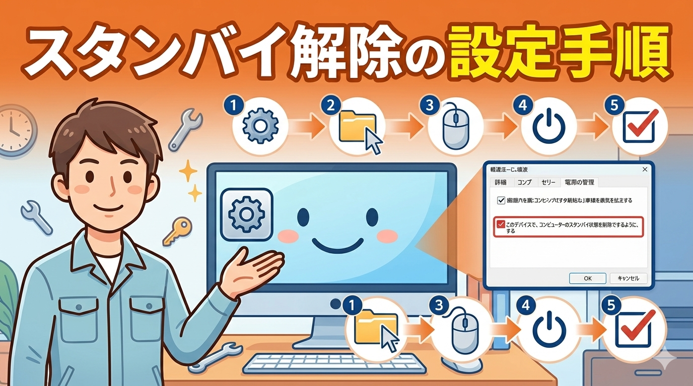 「スタンバイ解除の設定手順」という大きな日本語テキスト。左側に親しみやすい男性のイラスト、右側にステップ形式のアイコン（歯車、フォルダ、マウス、電源スイッチ、チェックボックス）と、設定画面のウィンドウが描かれた、パソコン初心者向けの設定ガイドのサムネイル。