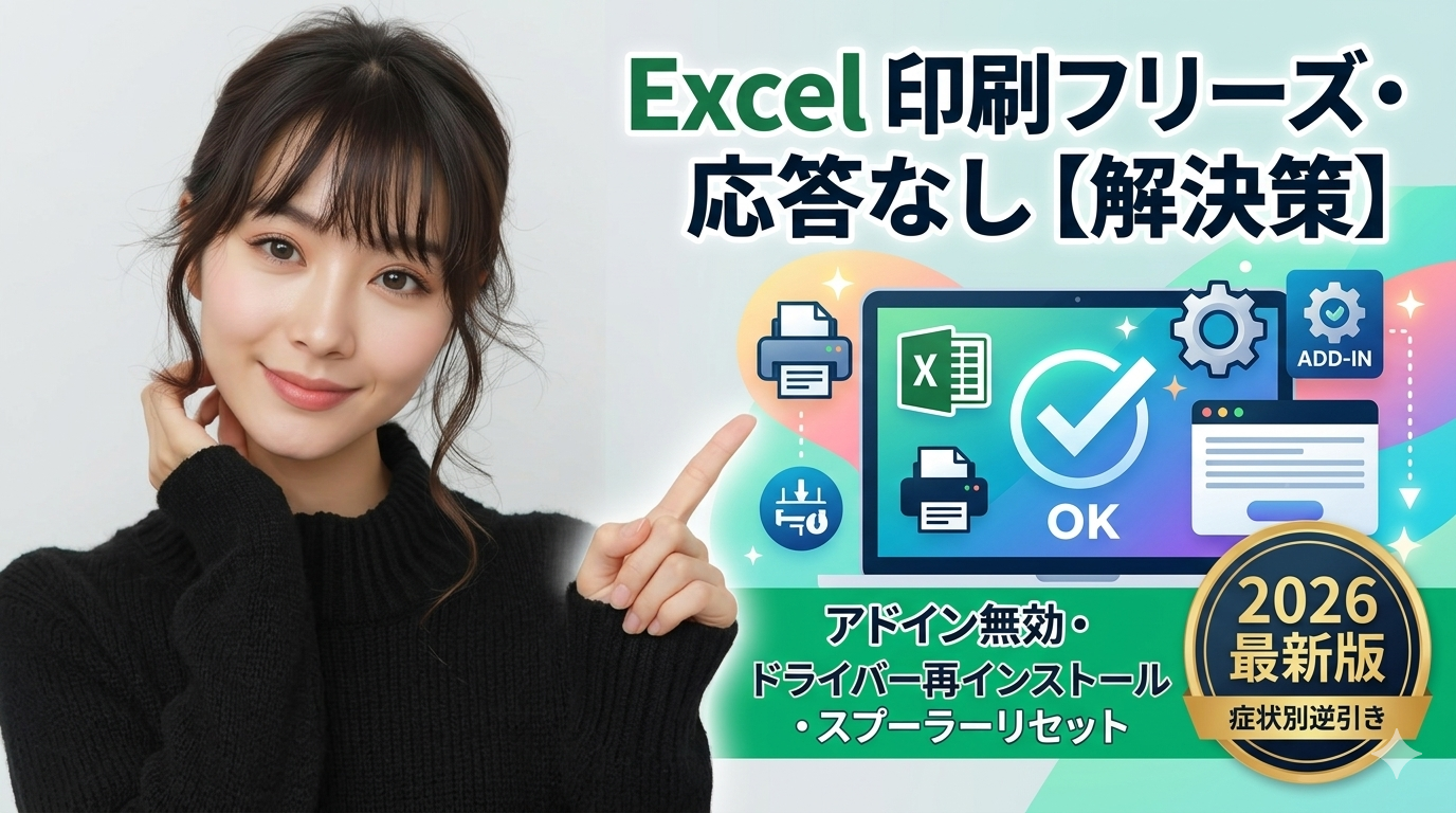 Excel印刷フリーズ解決策2026年最新版。アドイン無効・ドライバー再インストール手順の解説サムネイル